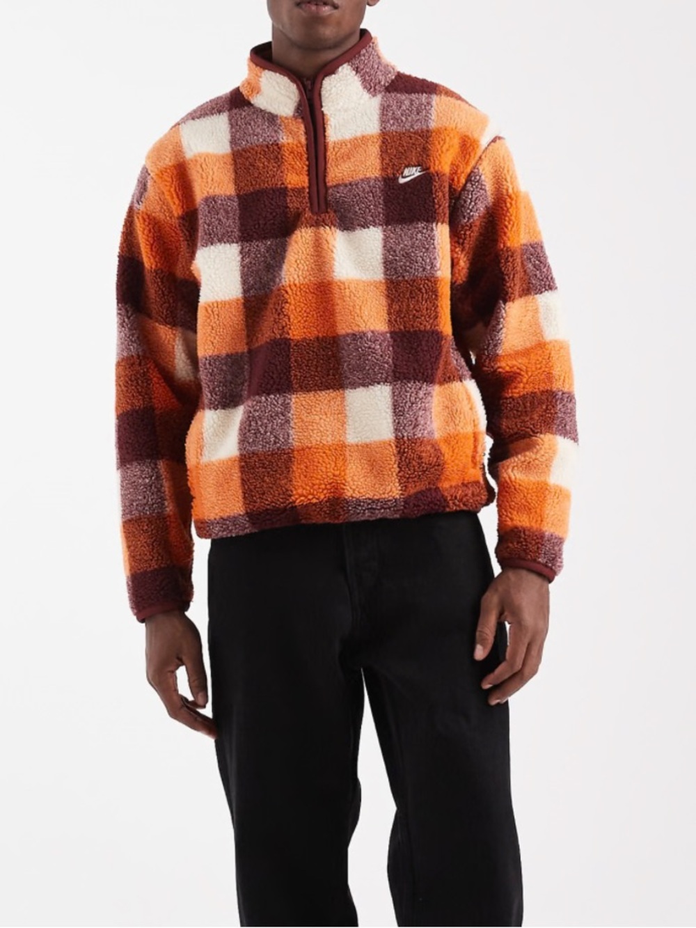 Nike Men’s Orange, Burgundy & Cream Plaid Sherpa Half-Zip NWT